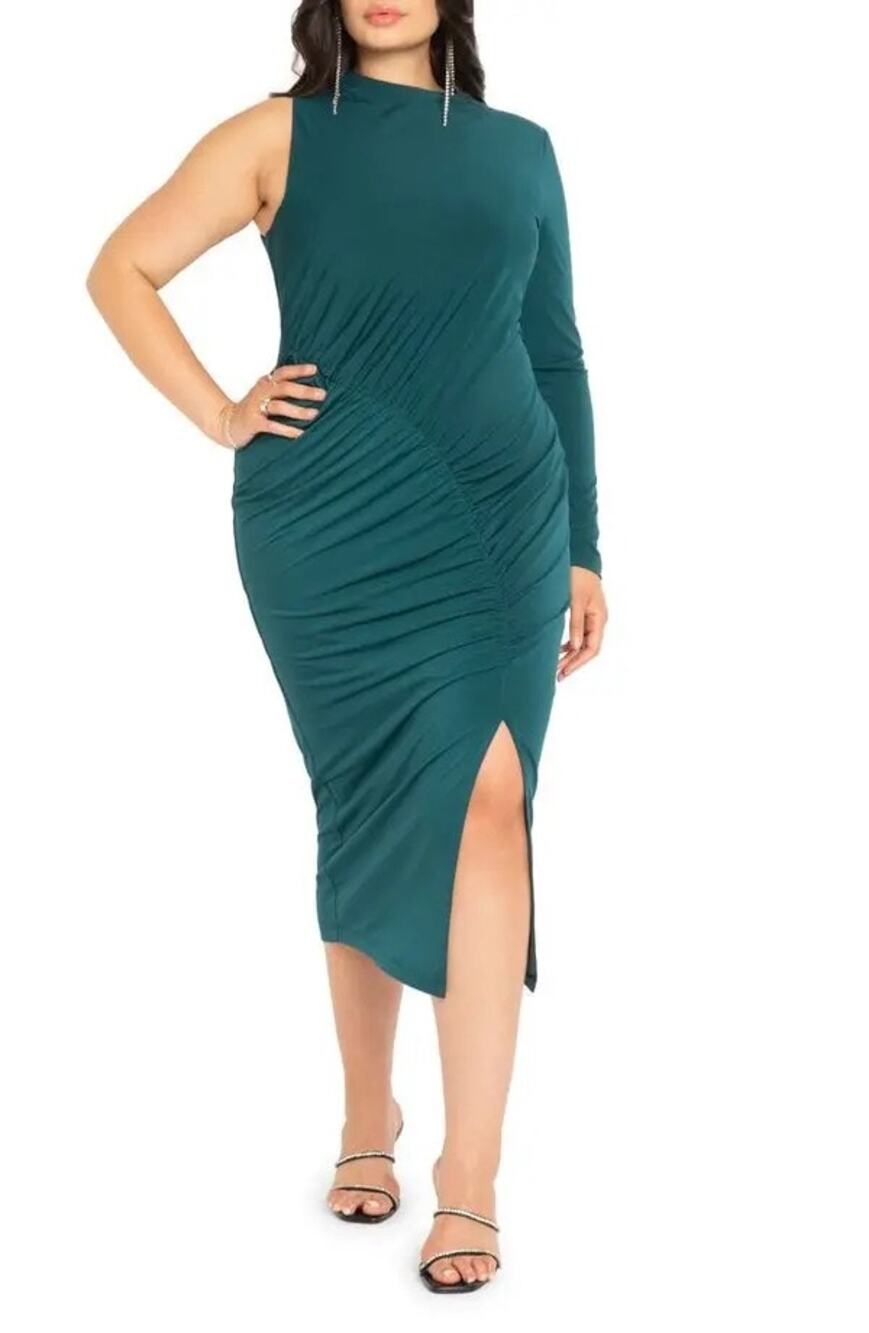 ELOQUII Dress Size 22 Ruched Single Long Sleeve NWT Plus Curvy Midi Dark Sea